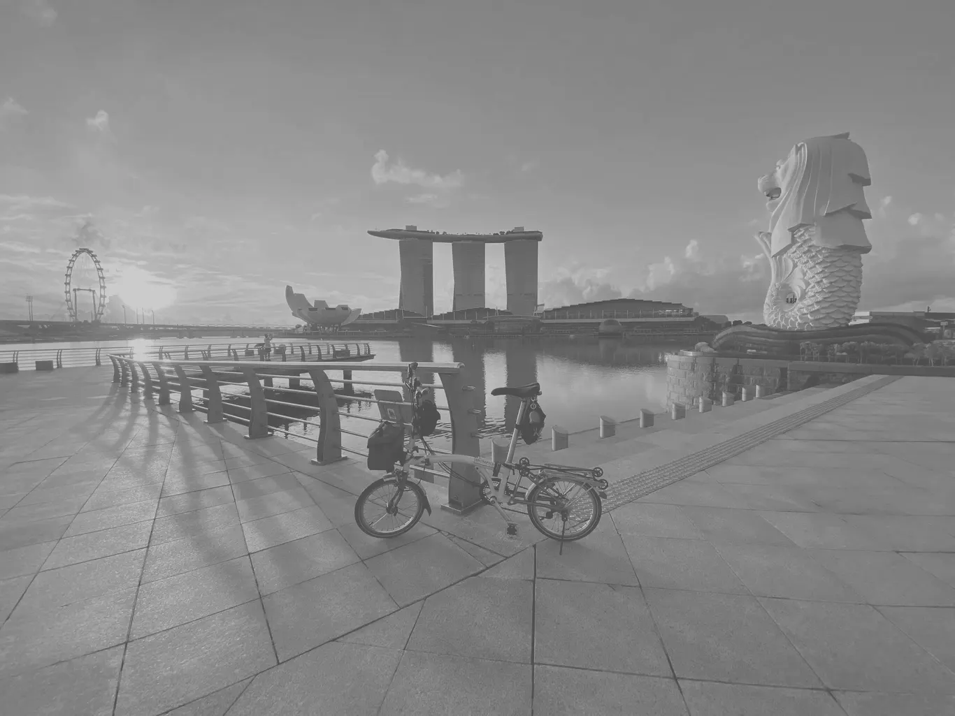 Marina Bay, Singapore skyline (greyscale) — the Bromptom home hero banner