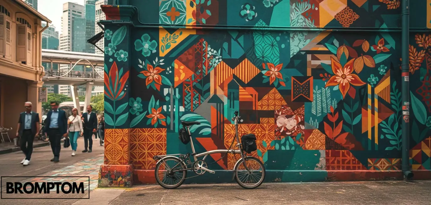 A Brompton folding bike parked against a vivid geometric flower mural on a Singapore shophouse corner, with the city skyline beyond