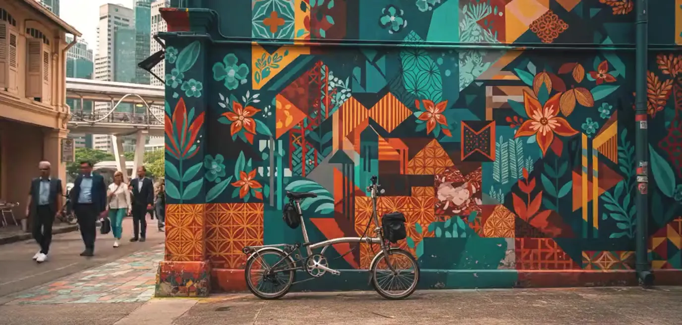 A Brompton folding bike parked against a vivid geometric flower mural on a Singapore shophouse corner, with the city skyline beyond